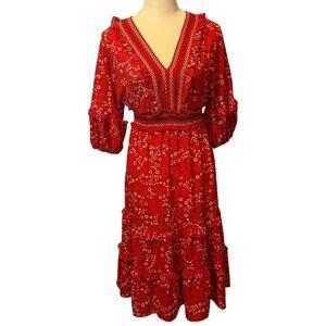Max Studio Red Floral Tiered Ruffle V-Neck Blouson Sleeve Midi Dress XS Boho